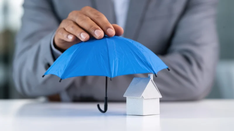 Businessman holding blue umbrella over miniature house on desk