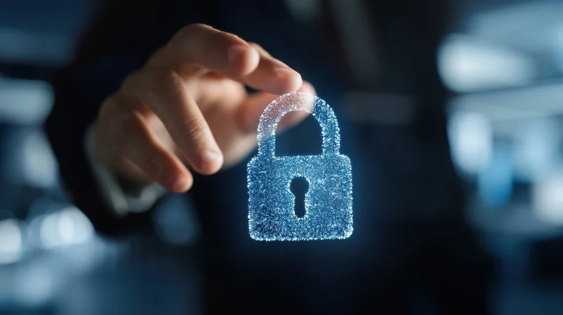 Hand reaching toward a glowing digital lock in a dark tech environment