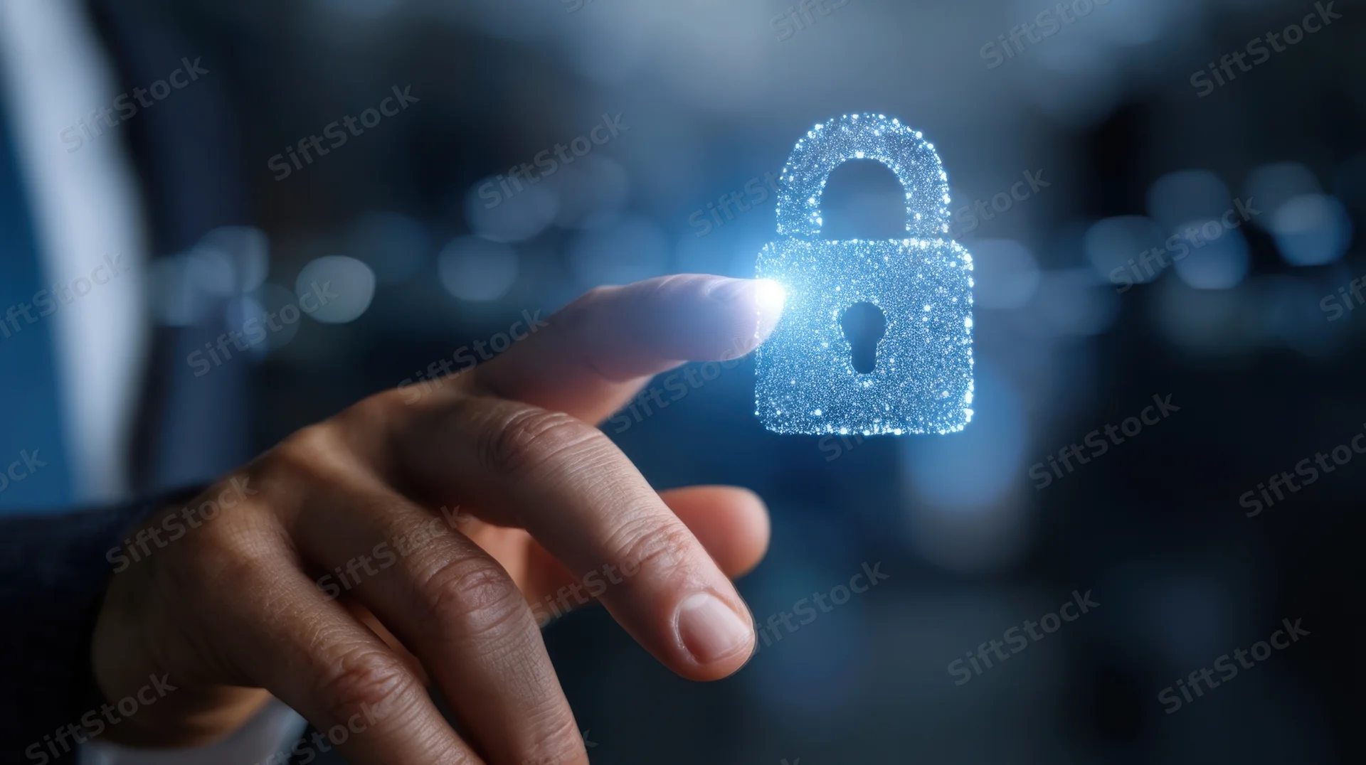 Hand touching a glowing digital lock hologram in a dark tech environment