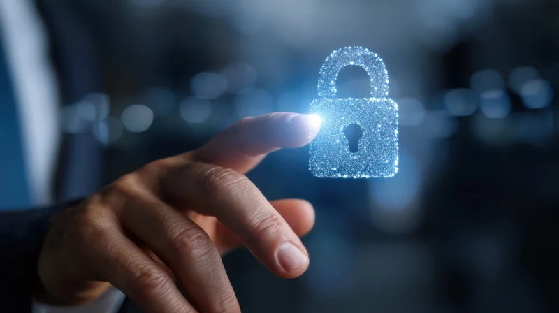 Hand touching a glowing digital lock hologram in a dark tech environment