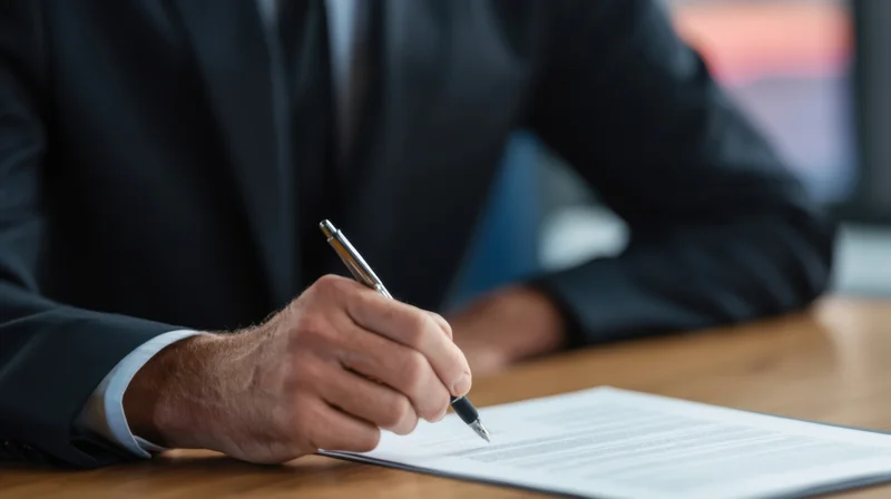 Businessman signing a document at a desk in an office