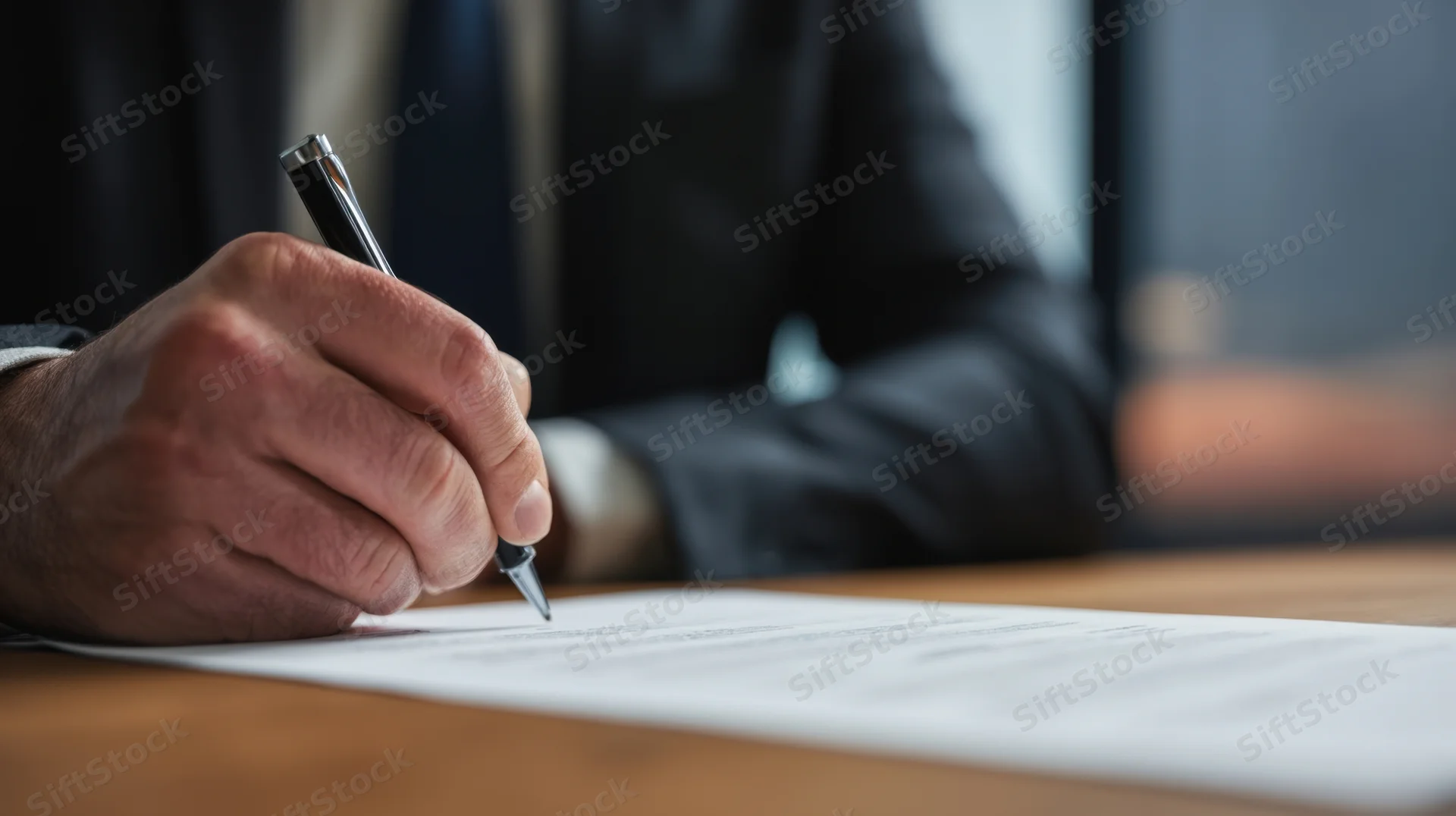 Man in suit signing a document at a wooden desk in an office