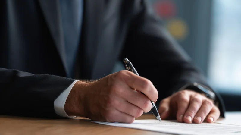 Businessman signing a document at a desk in an office