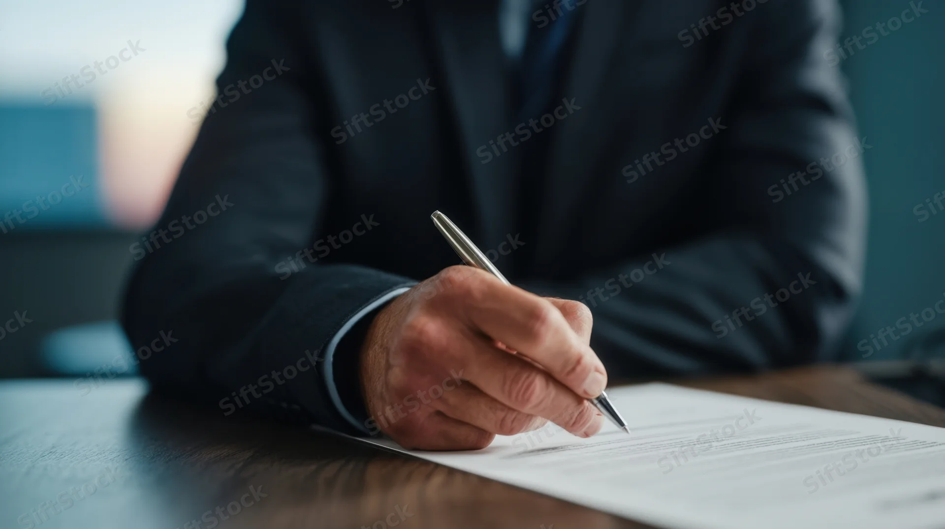 Businessman signing a document at a desk in an office