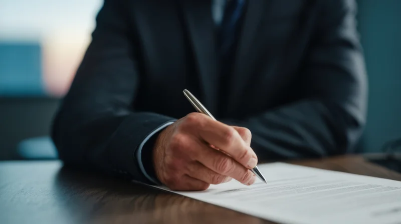 Businessman signing a document at a desk in an office