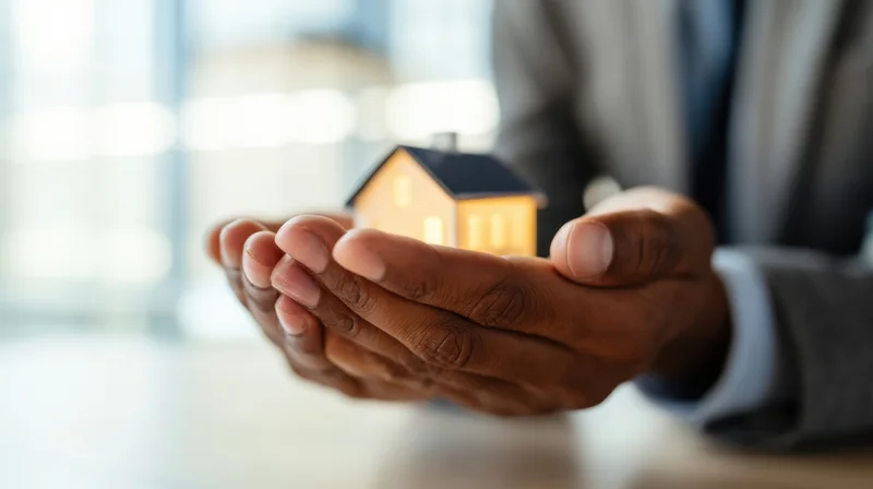Man in suit holding miniature glowing house model in hands in office setting