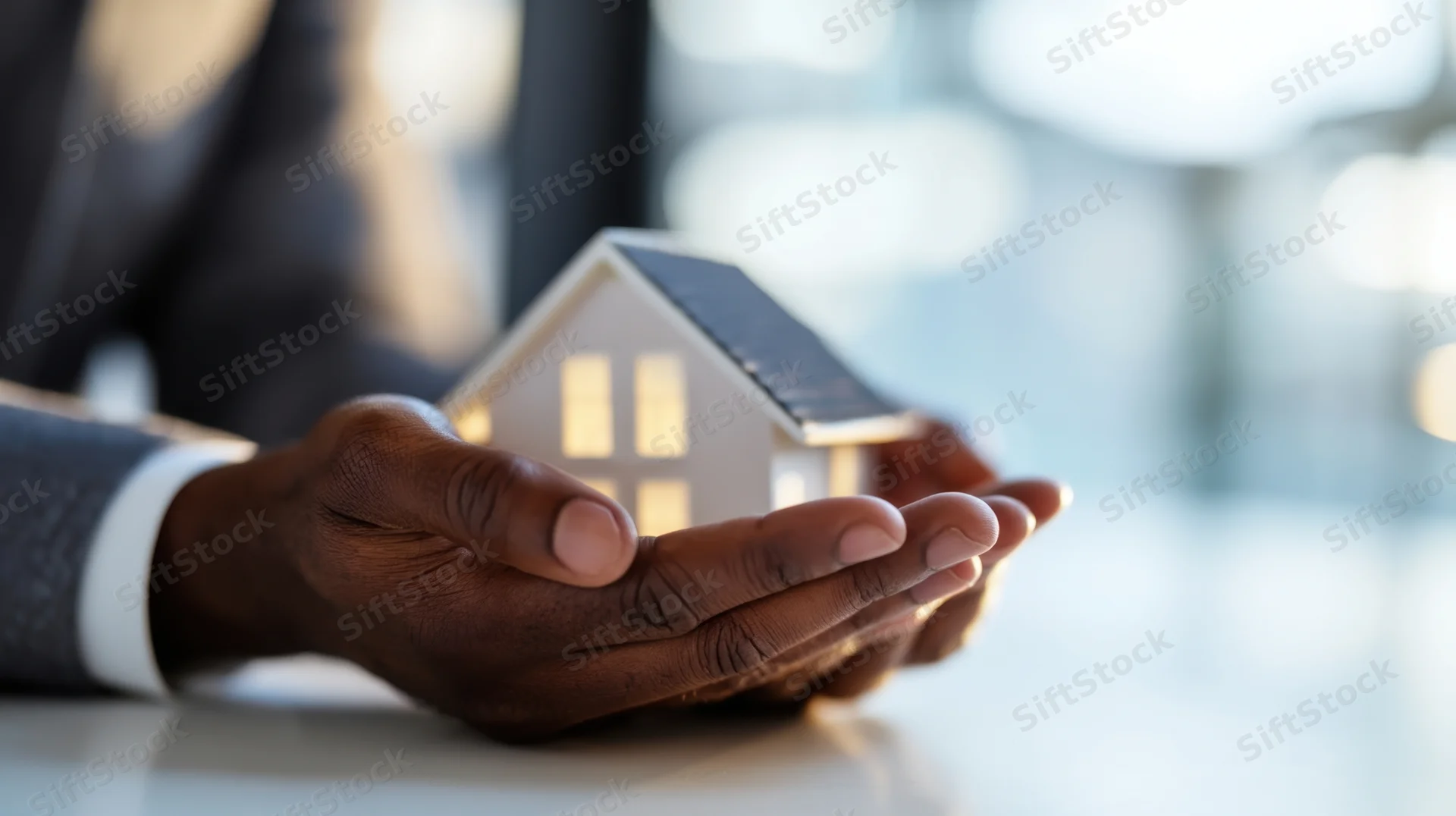 Businessman holding miniature house model on desk in office