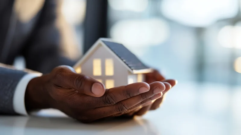 Businessman holding miniature house model on desk in office