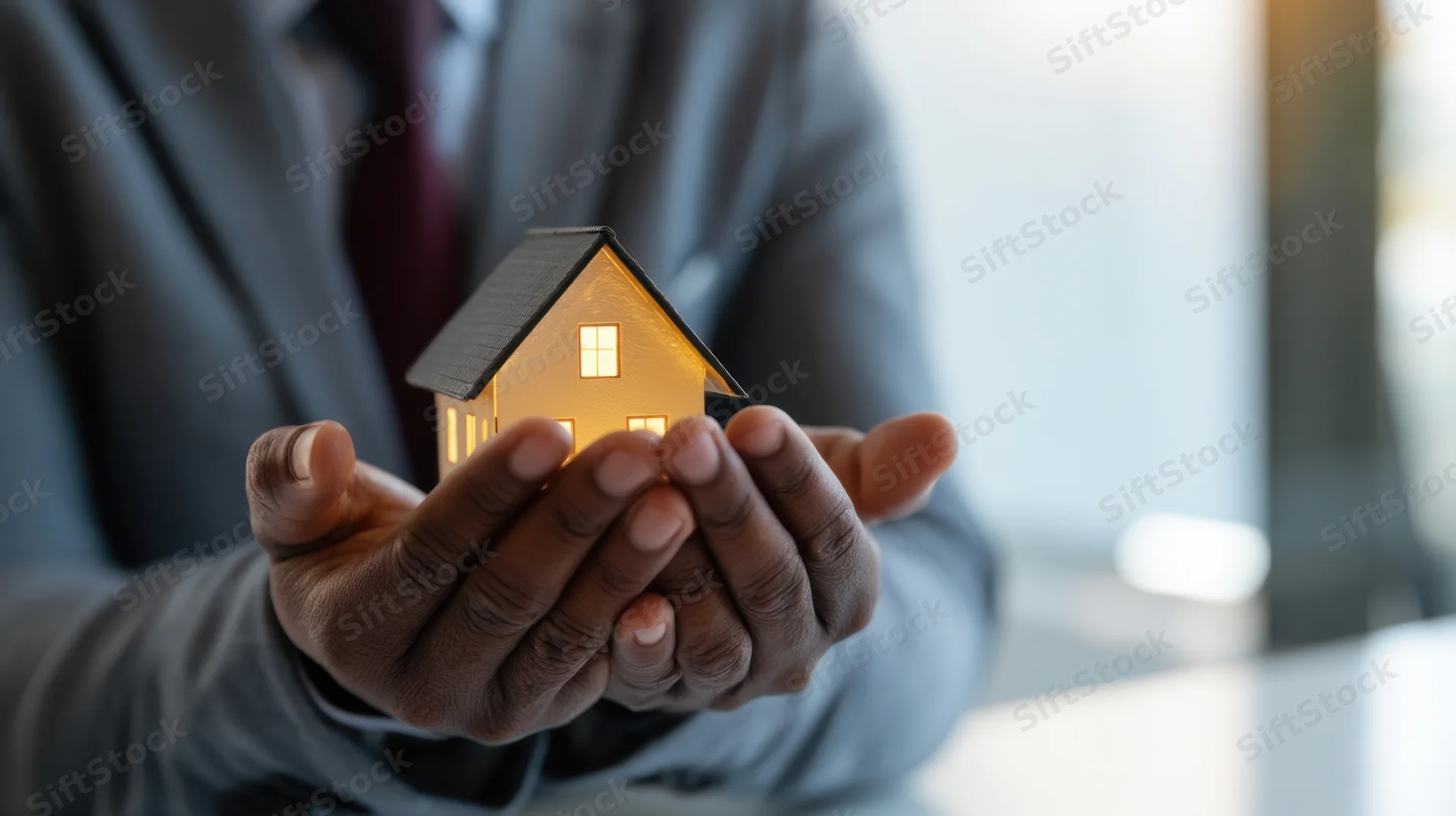 Businessman holding illuminated miniature house in office setting