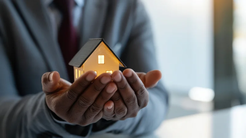 Businessman holding illuminated miniature house in office setting