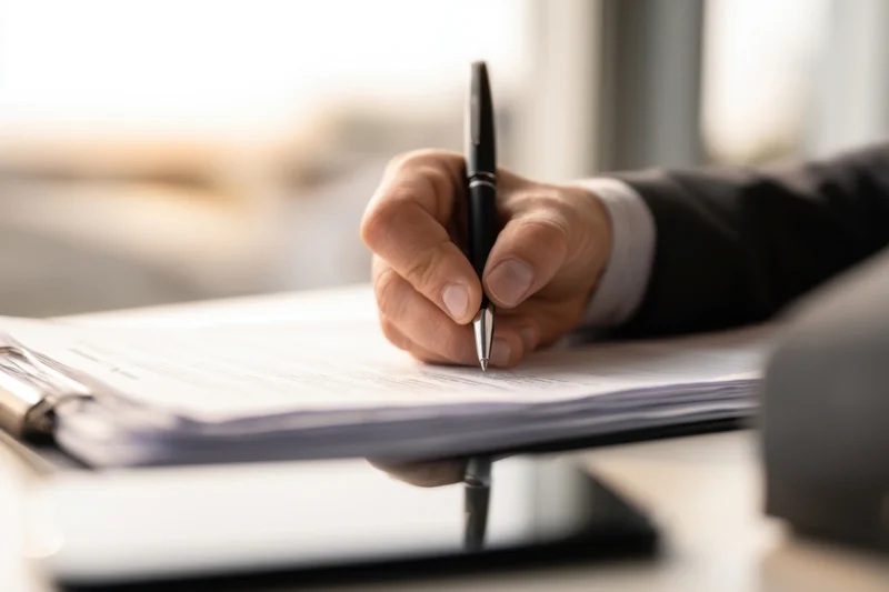 Hand signing a document on a clipboard in an office setting
