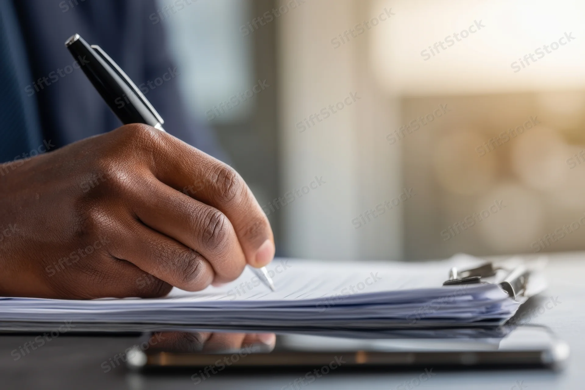Hand writing on a document with a pen at a desk in an office setting