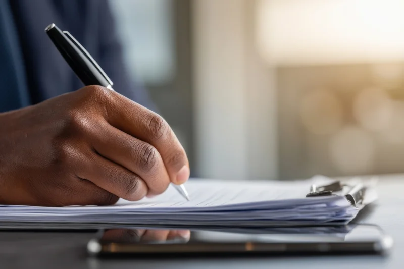 Hand writing on a document with a pen at a desk in an office setting