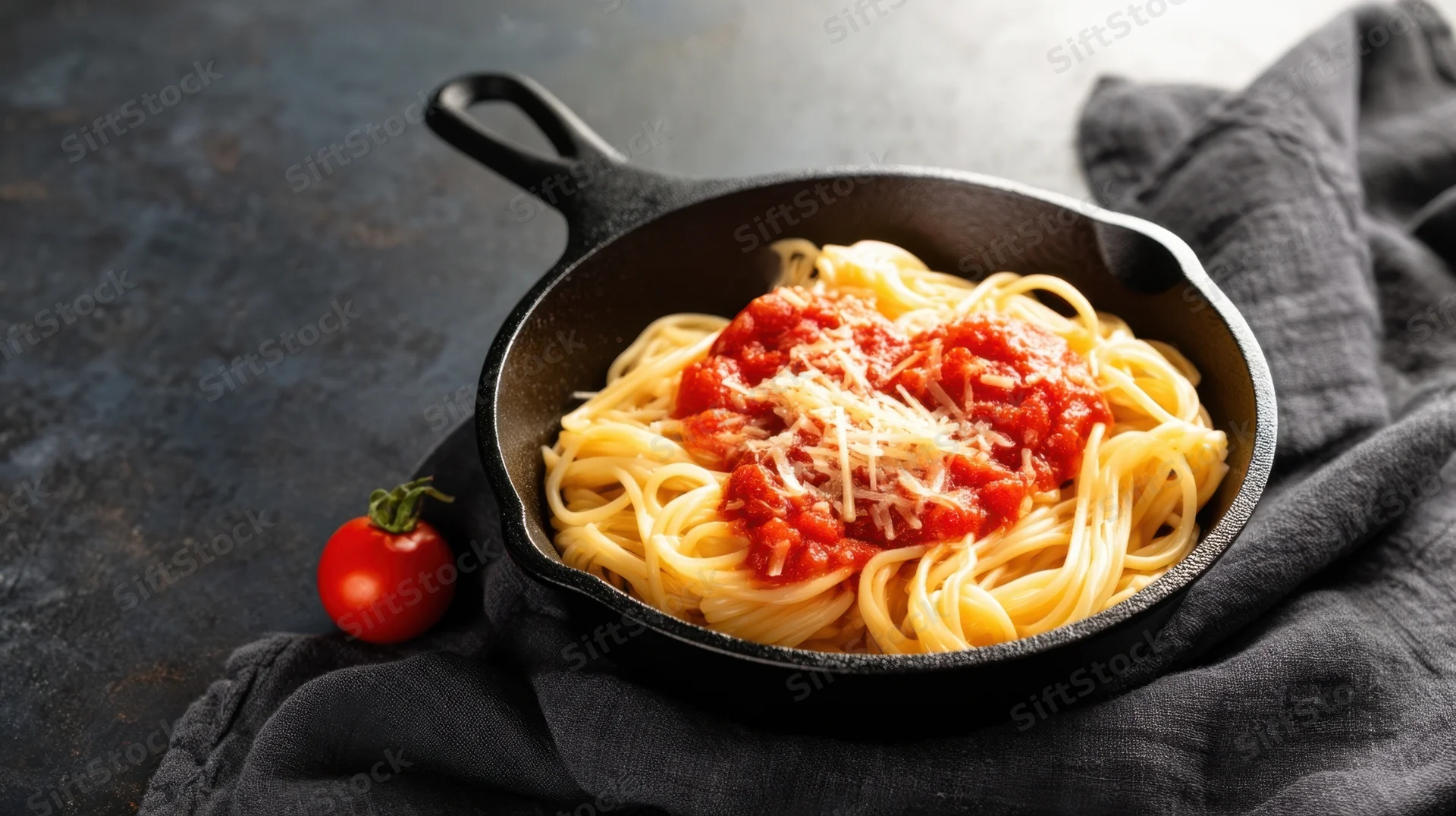Spaghetti with tomato sauce and grated cheese in a cast iron skillet on a dark cloth surface