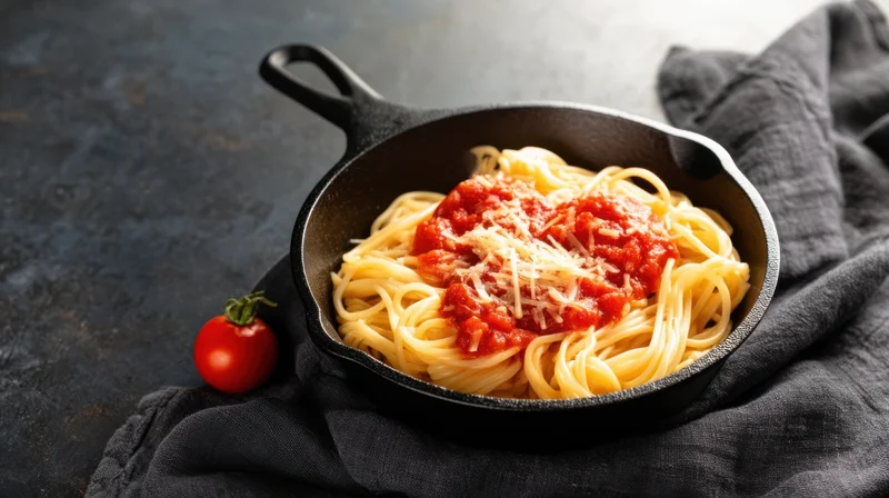 Spaghetti with tomato sauce and grated cheese in a cast iron skillet on a dark cloth surface