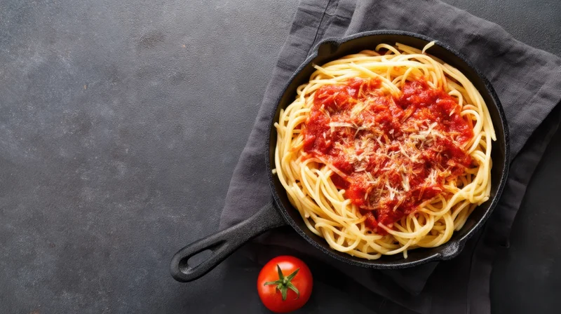 Spaghetti with tomato sauce and grated cheese in a cast iron skillet on a dark surface with a tomato beside it