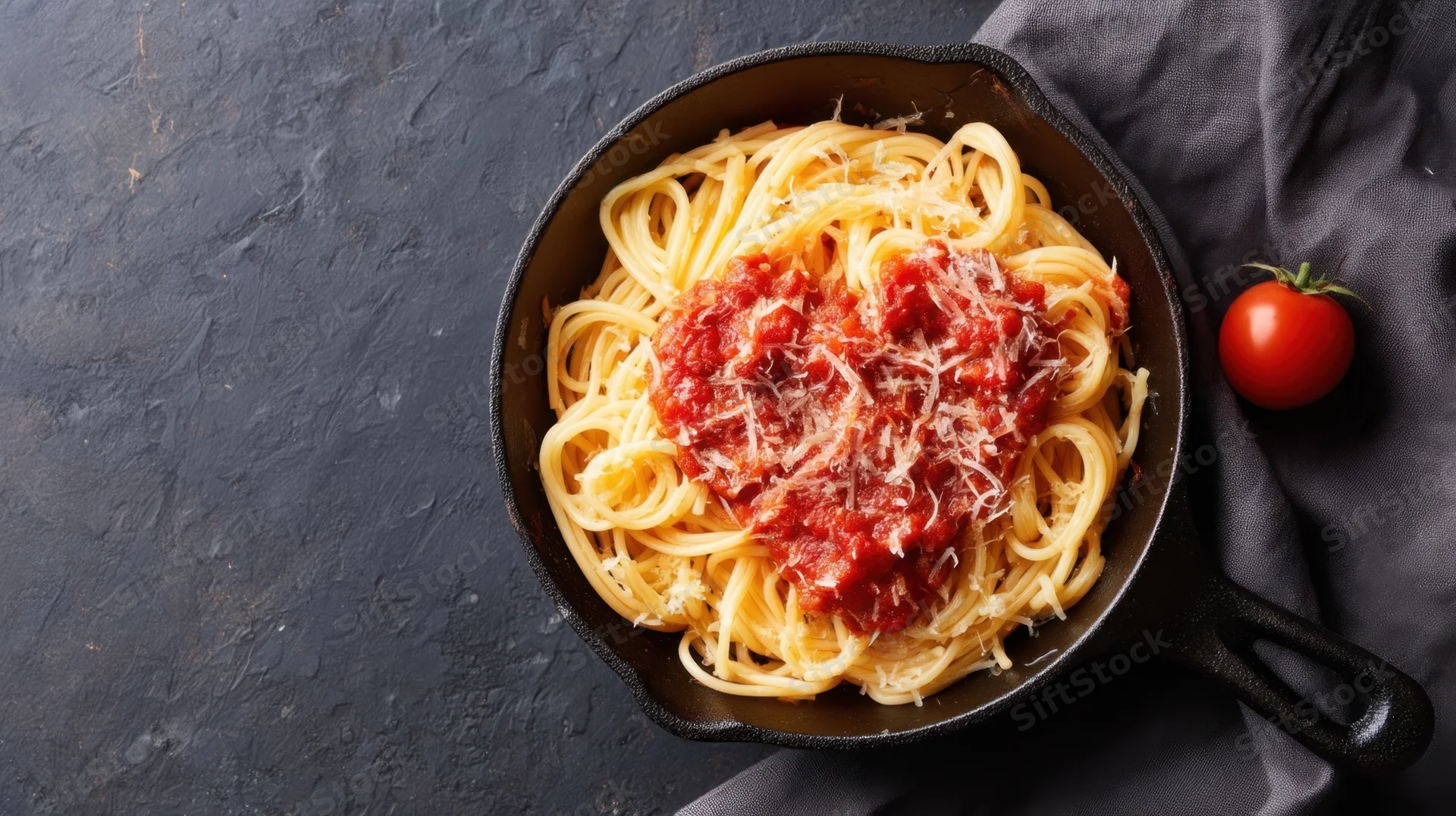 Spaghetti with tomato sauce and grated cheese in a cast iron skillet on dark textured surface