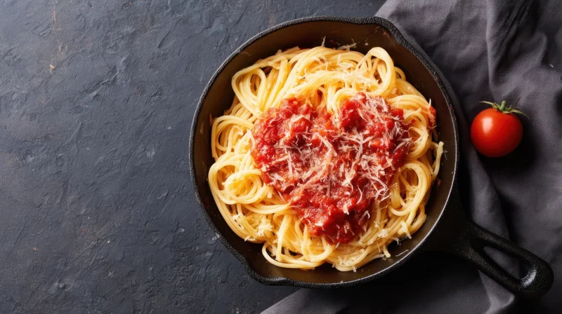 Spaghetti with tomato sauce and grated cheese in a cast iron skillet on dark textured surface