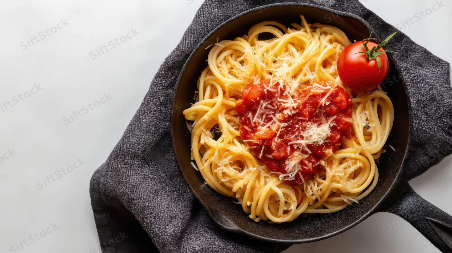 Spaghetti with tomato sauce and grated cheese in a cast iron skillet on a dark napkin over white surface