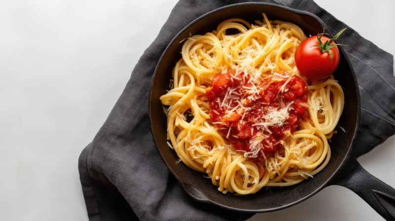 Spaghetti with tomato sauce and grated cheese in a cast iron skillet on a dark napkin over white surface