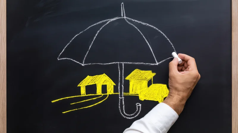 Hand drawing a protective umbrella over houses and a car on a chalkboard