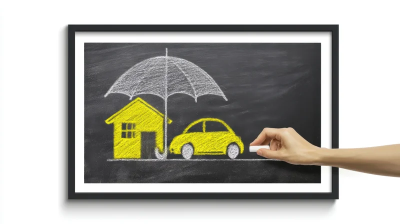 Hand drawing a yellow house and car under a white umbrella on a chalkboard framed in black