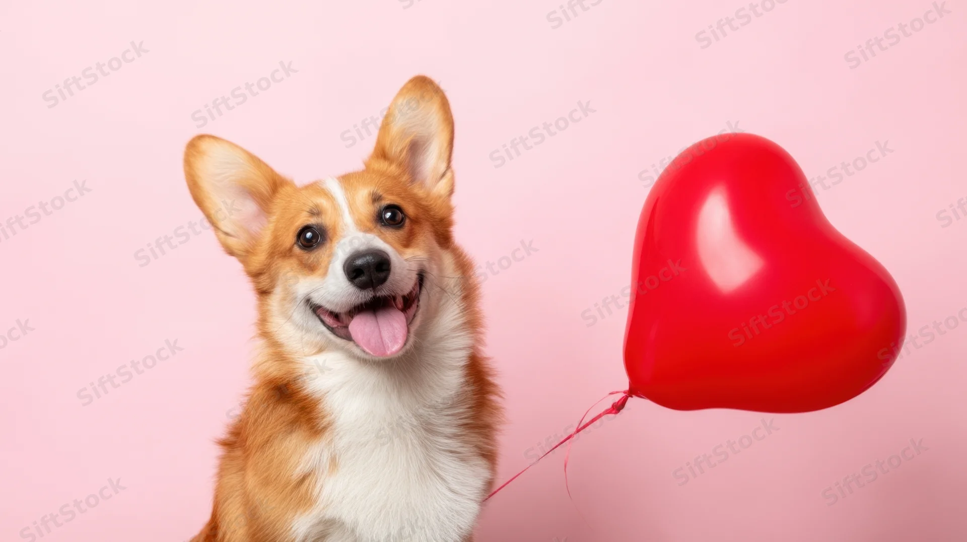 Corgi dog with tongue out holding red heart balloon against pink background