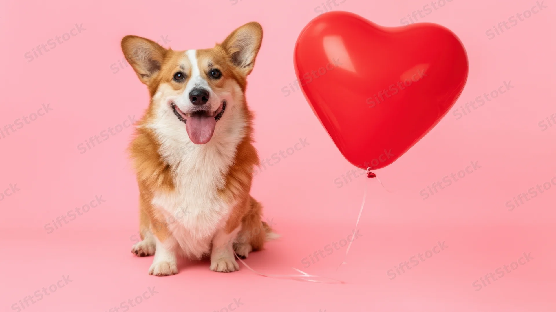 Corgi sitting with heart-shaped balloon on pink background