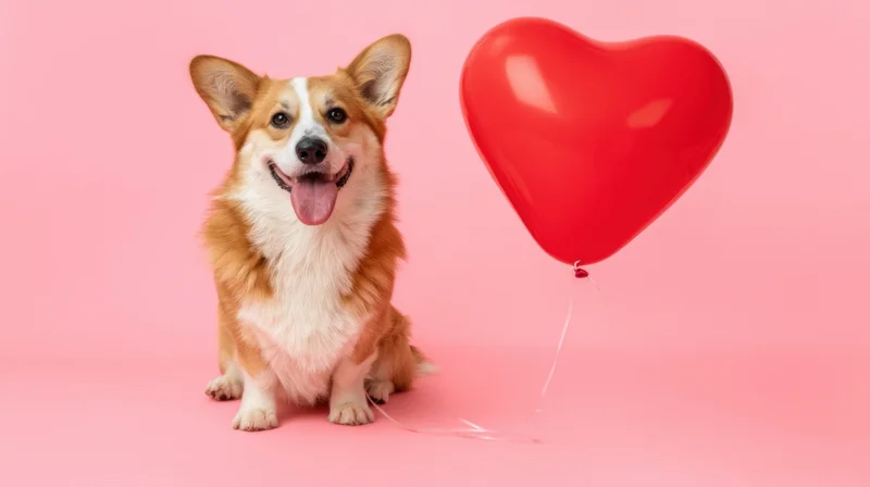 Corgi sitting with heart-shaped balloon on pink background