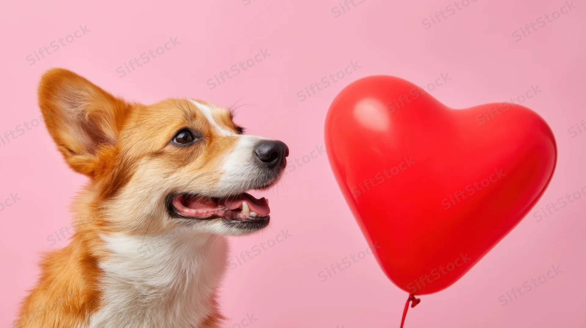 Corgi dog looking at red heart-shaped balloon against pink background