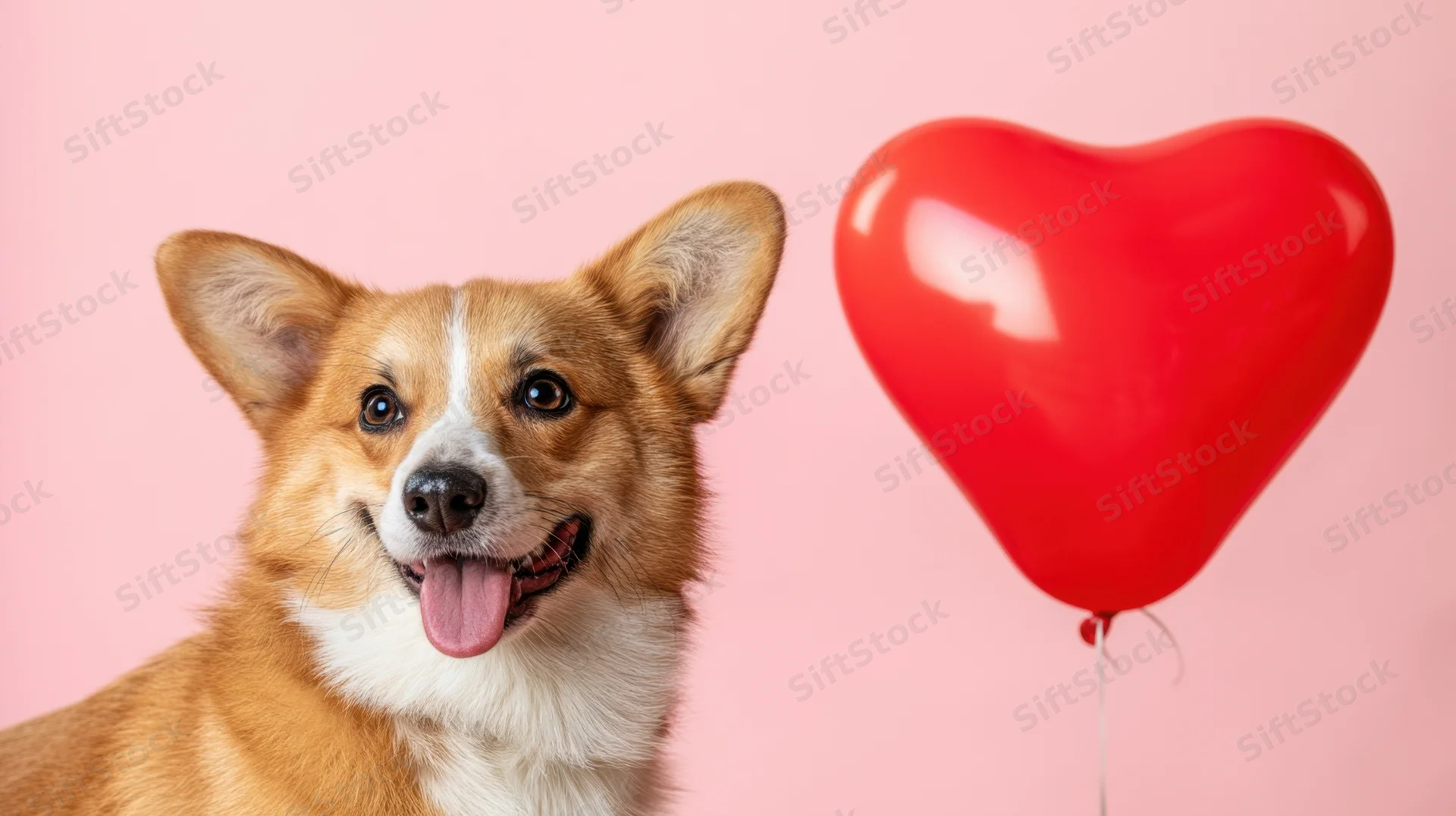 Corgi dog with tongue out beside red heart balloon on pink background