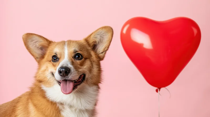 Corgi dog with tongue out beside red heart balloon on pink background