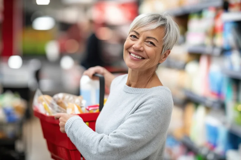 Smiling middleaged woman holding red shopping basket in supermarket aisle
