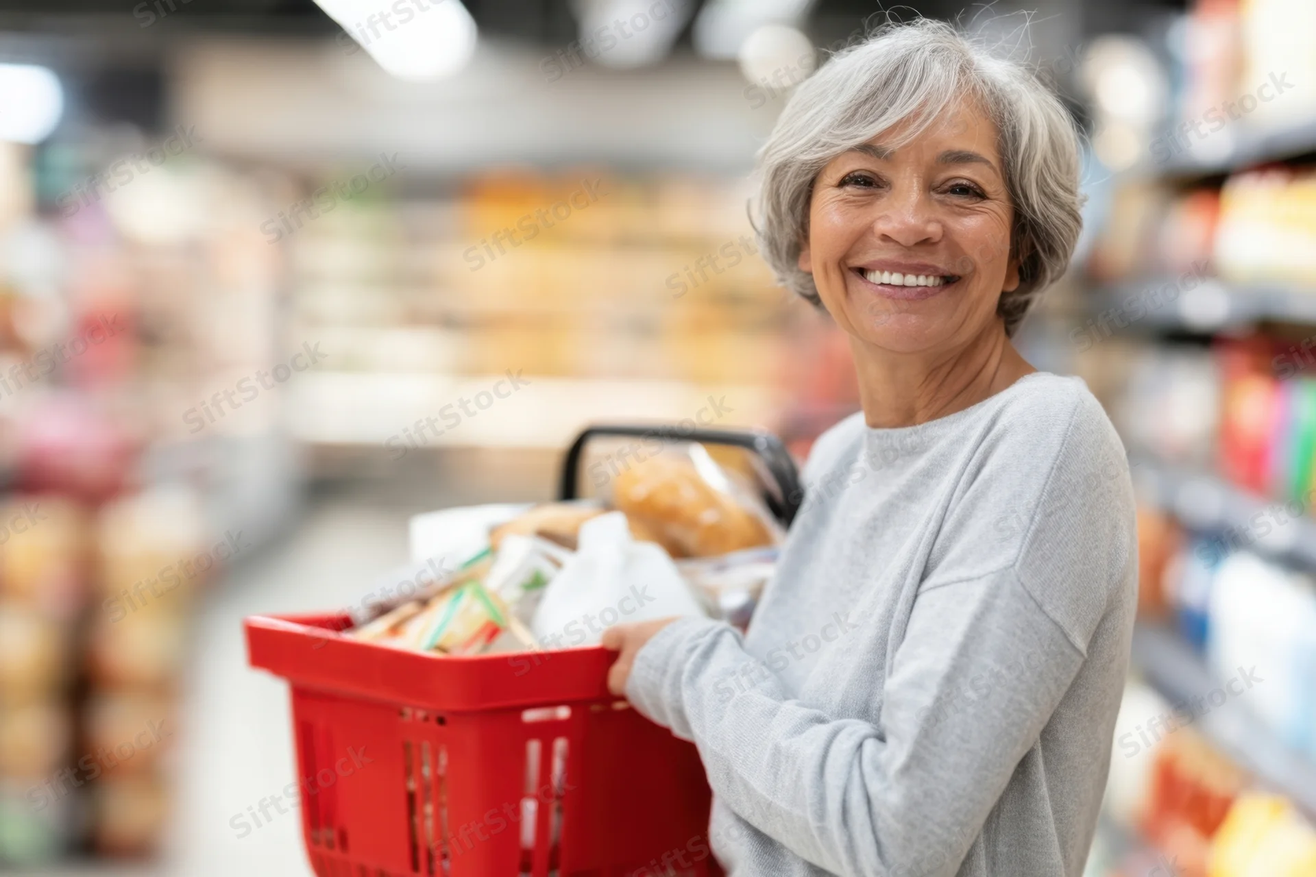 Senior woman smiling while holding a red shopping basket in a supermarket aisle