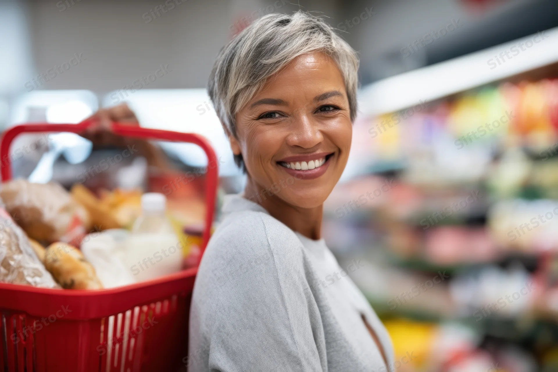 Woman smiling while holding a red shopping basket filled with groceries in a supermarket aisle