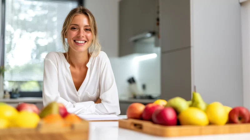 Smiling woman in white blouse leaning on kitchen counter with fruit trays in foreground