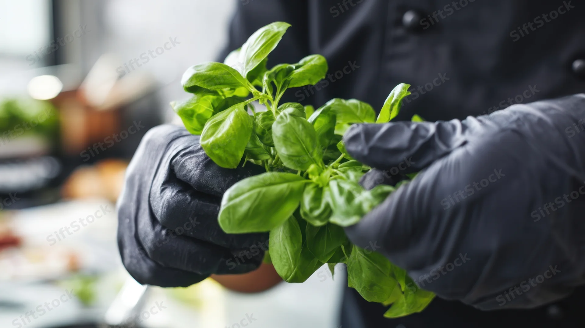 Chef holding fresh basil leaves in gloved hands in kitchen