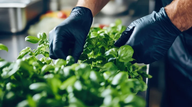 Chef's hands picking fresh basil in a kitchen