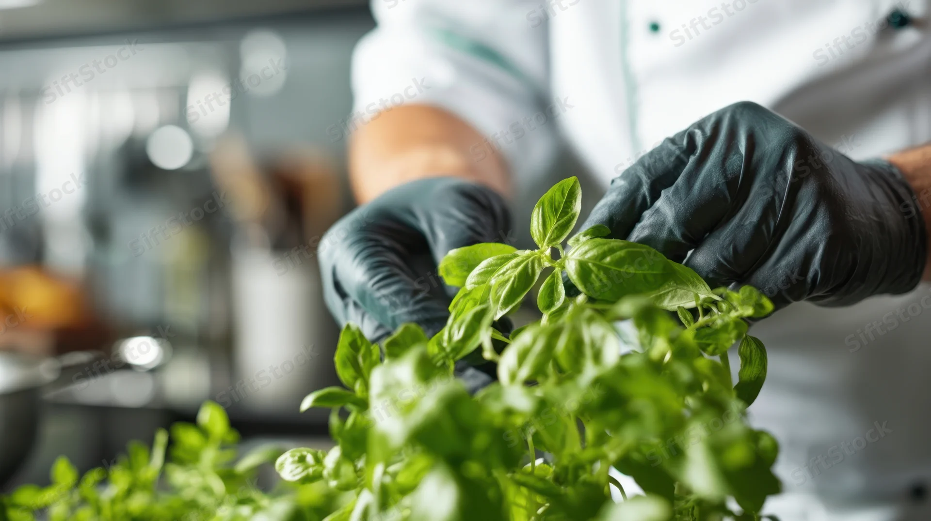 Chef's hands harvesting fresh basil in a kitchen
