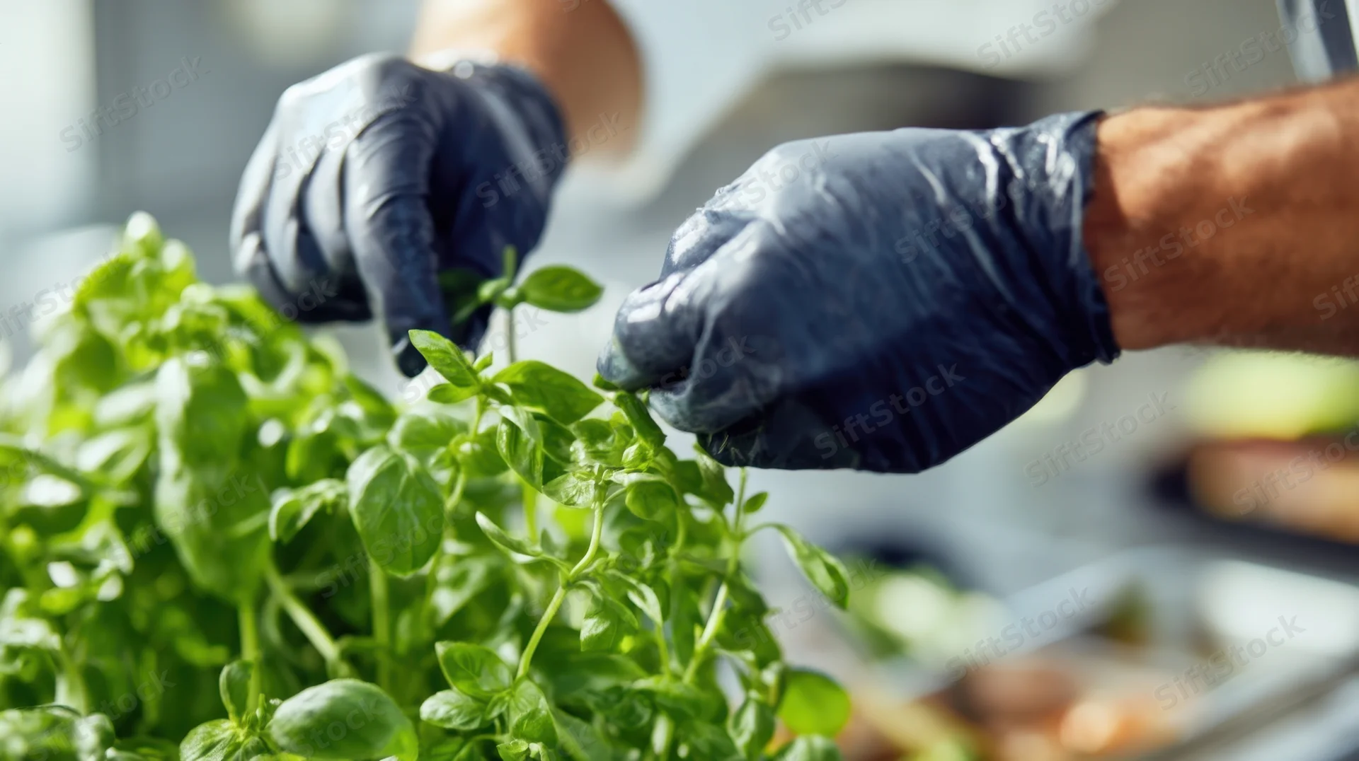 Chef's hands in black gloves picking fresh basil in a kitchen