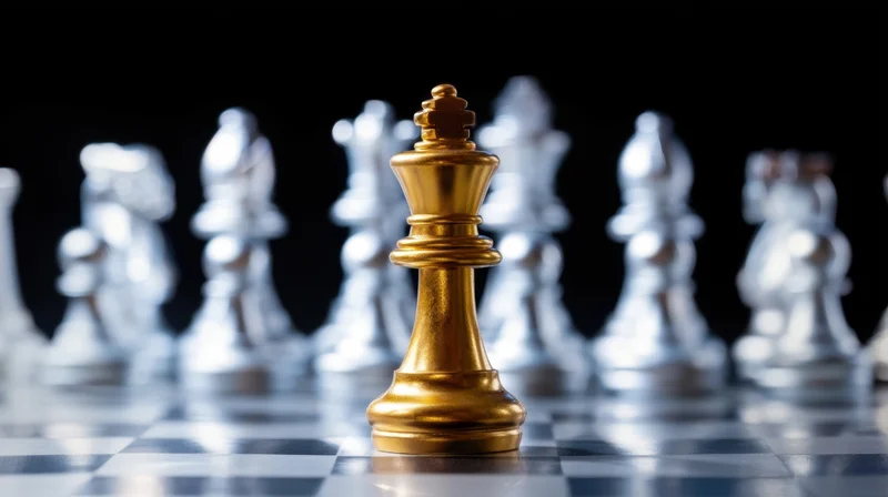 Golden chess king standing on a checkered board with blurred silver pieces in the background
