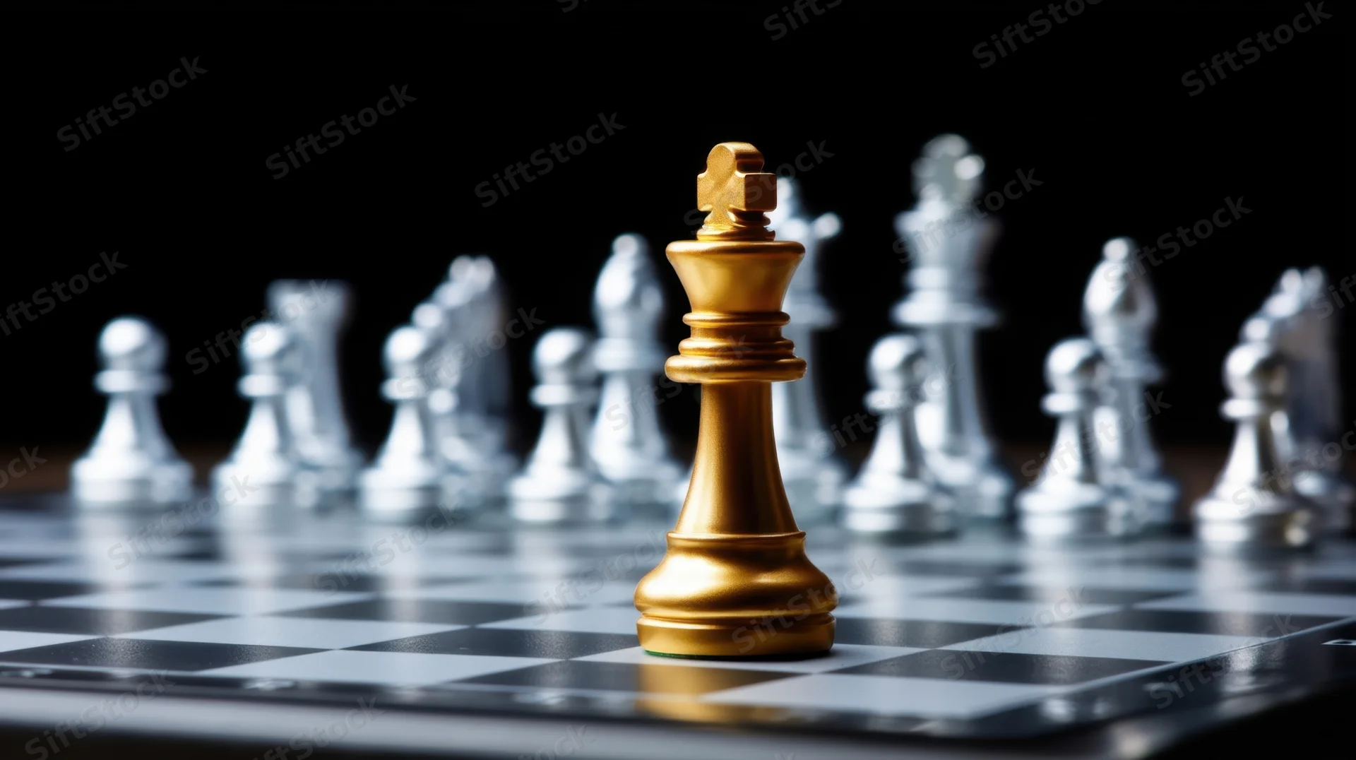 Golden chess king standing on board with silver pieces in background
