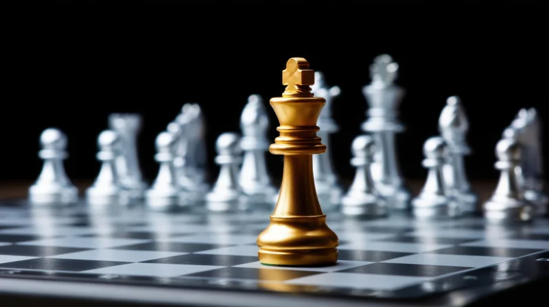 Golden chess king standing on board with silver pieces in background
