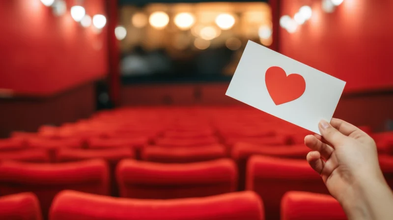 Hand holding a heart-shaped ticket in a red cinema auditorium with rows of seats and soft lighting in the background