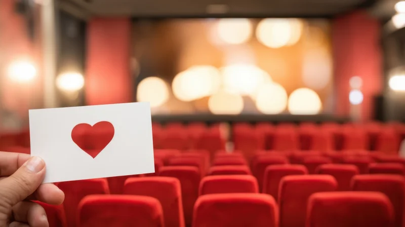 Hand holding a white card with a red heart in front of rows of red cinema seats with blurred stage lights behind