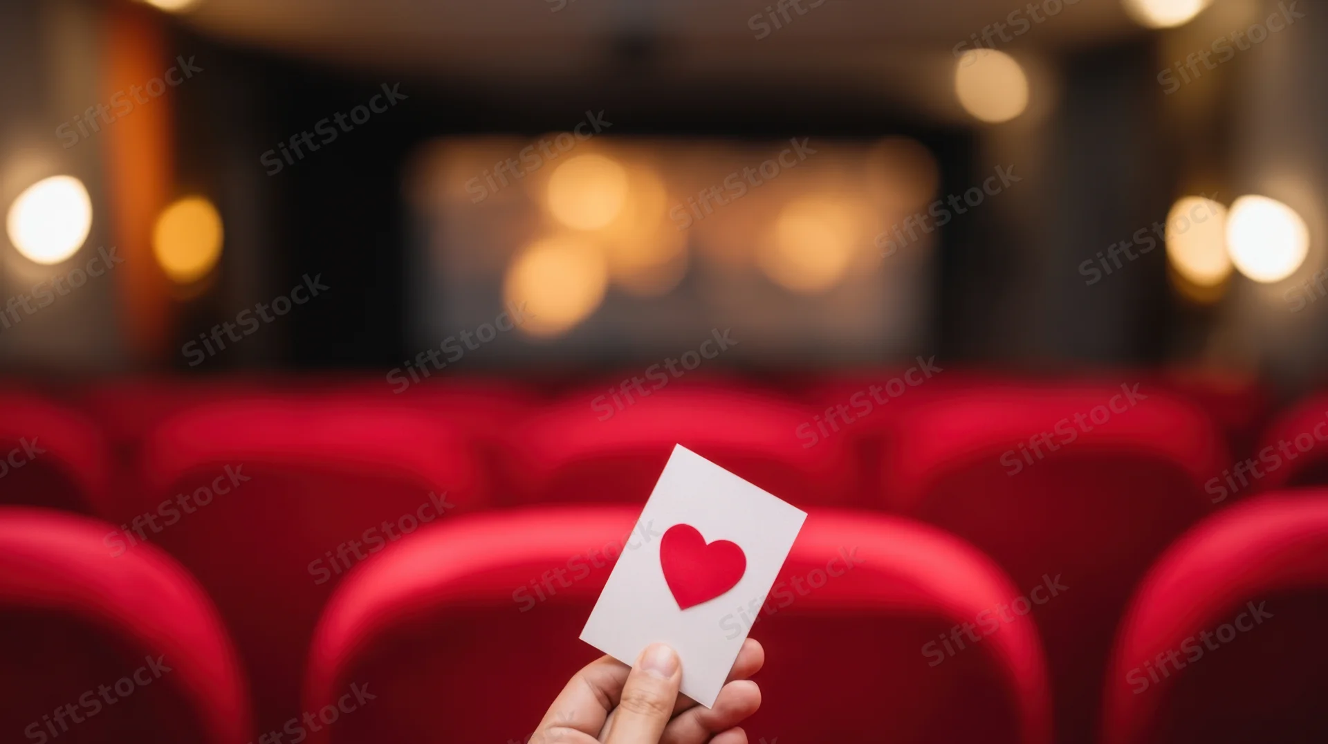 Hand holding a heart card in a dimly lit cinema with red seats and blurred lights in the background