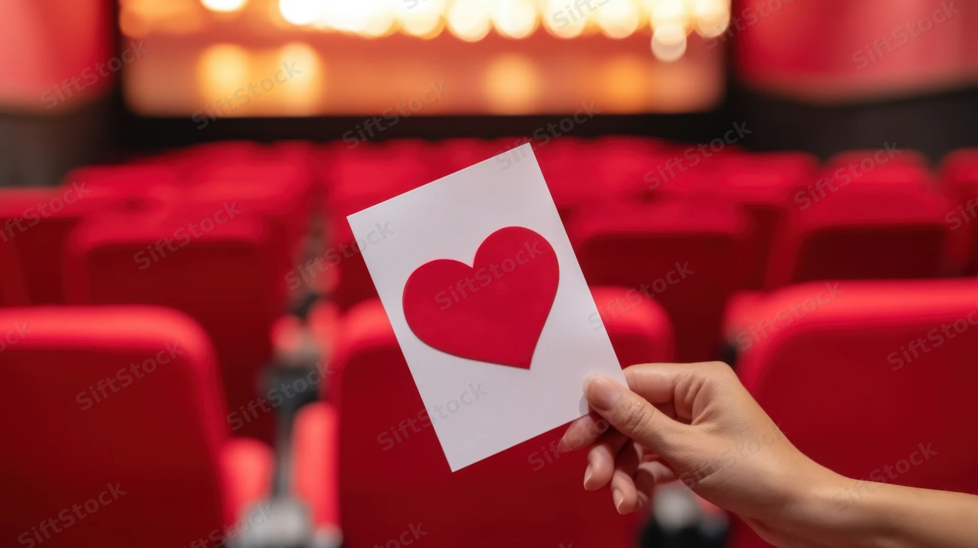 Hand holding a red heart card in a cinema with red seats and blurred screen lights