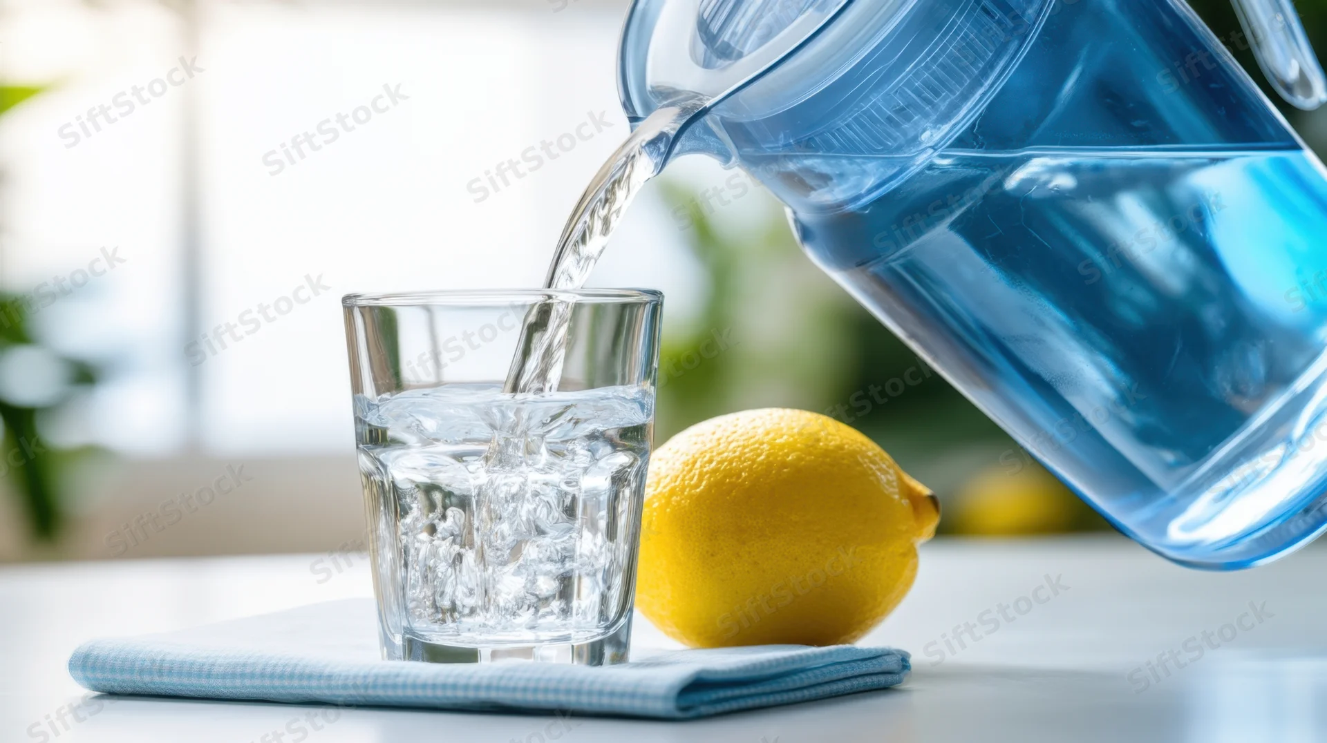 Water being poured from a blue pitcher into a glass on a kitchen counter with a lemon beside it