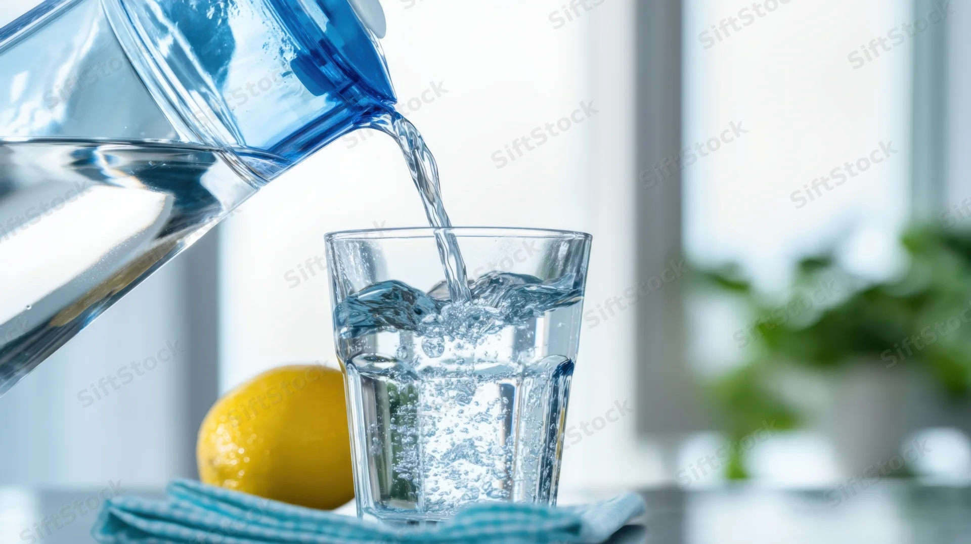 Water being poured from a blue pitcher into a clear glass on a kitchen countertop with a lemon nearby