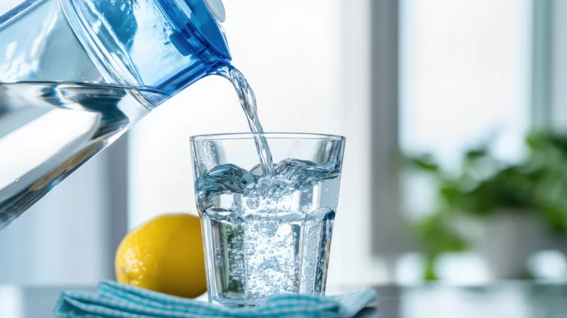 Water being poured from a blue pitcher into a clear glass on a kitchen countertop with a lemon nearby